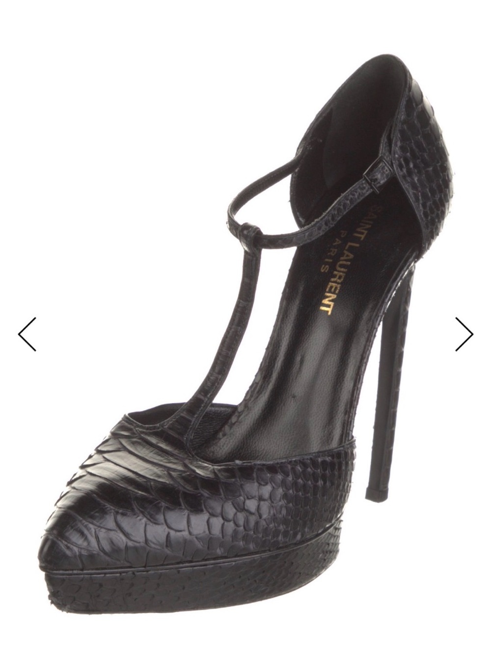 Saint Laurent Black Croc-Textured T-Strap Pointed Heels - Picture 3 of 3